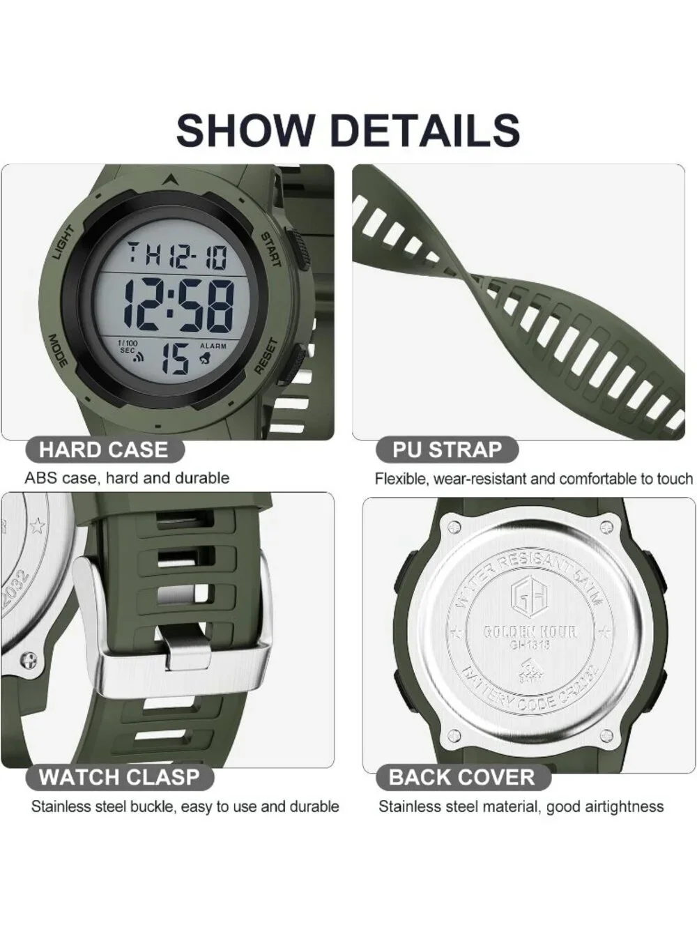 Men's All Green Analog Quartz Rubber Strap Military Waterproof LED Digital Watch